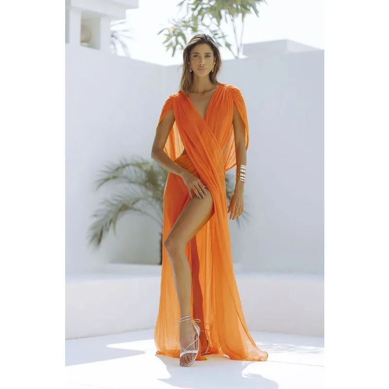 Sexy Women Beach Vacation Dress Chic Y2K Sleeveless V Neck Mesh See Through Slit Smock Holiday Bohemian Long Dress Outfits