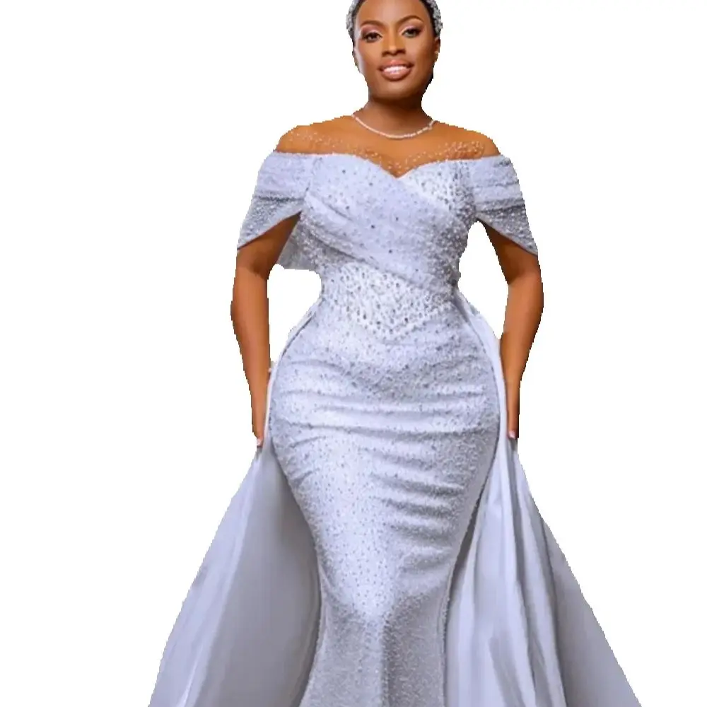 Luxuriöse Meerjungfrauen-Brautkleider mit schulterfreiem Illusions-Ausschnitt, perlenbesetzte Brautkleider, abnehmbare afrikanische Damen-Vestido De Novia