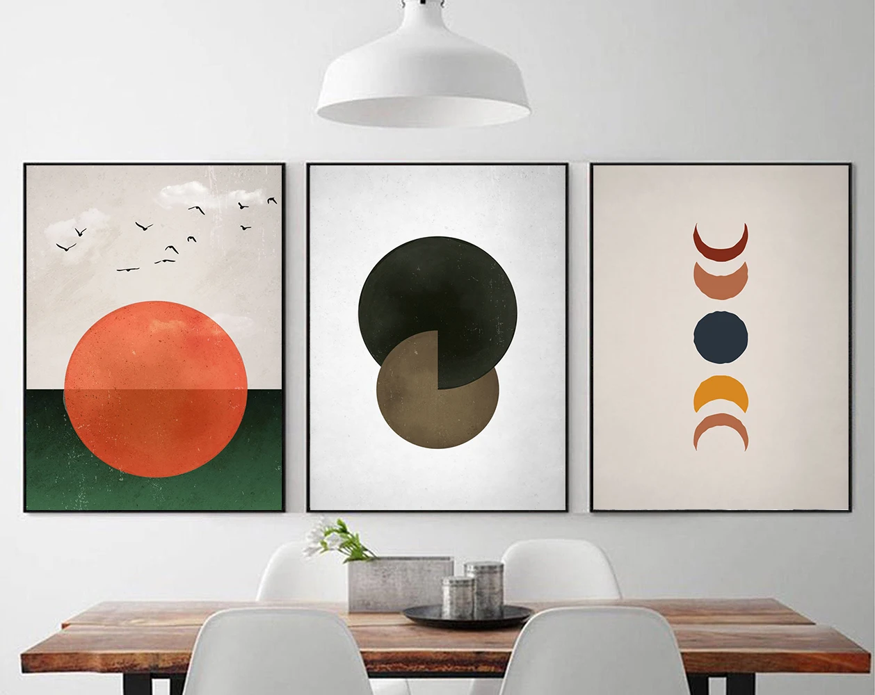 Color Moon Phase Set of 3 Prints Wall Art Minimalist Canvas Poster Painting Boho Geometric Shape Birds Picture Home Room Decor