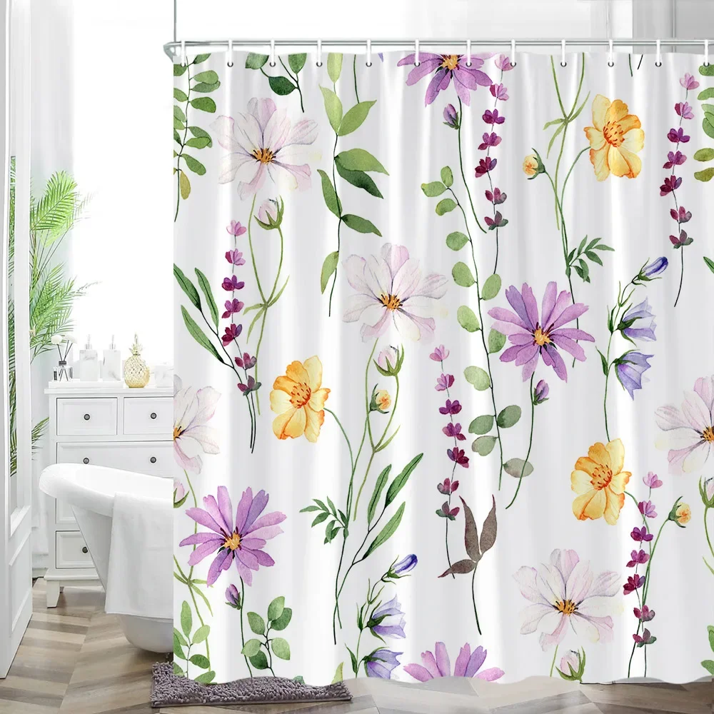 Yellow and Grey Floral Shower Curtain Watercolor Flower Shower Curtain for Bathroom Modern Minimalist White Fabric Bathroom Deco