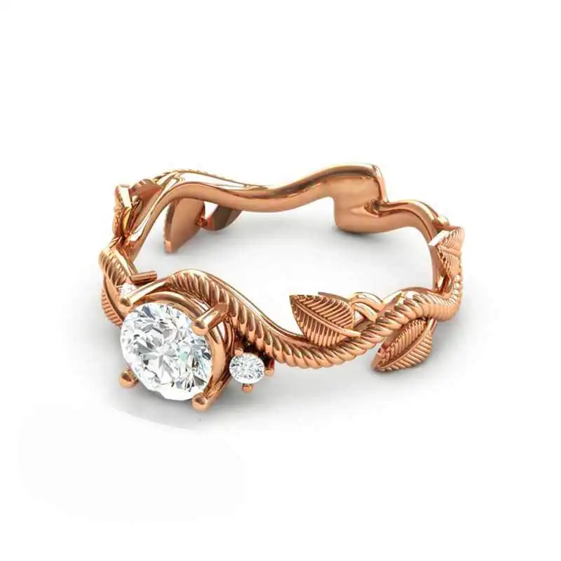 New Rattan Leaf Diamond Encrusted Zircon Ring For Women Copper Plated Rose Gold Flower Finger Ring Female Party Jewelry