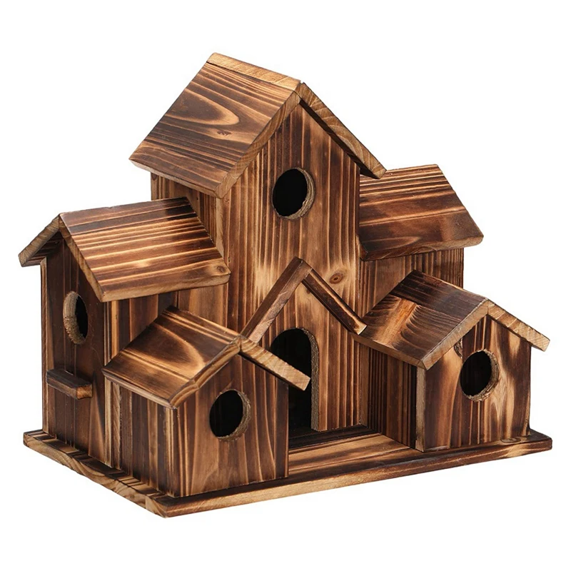 

2X Hanging Wooden Bird House For Outside 6 Hole Wooden Bird House Courtyard Backyard Decorations