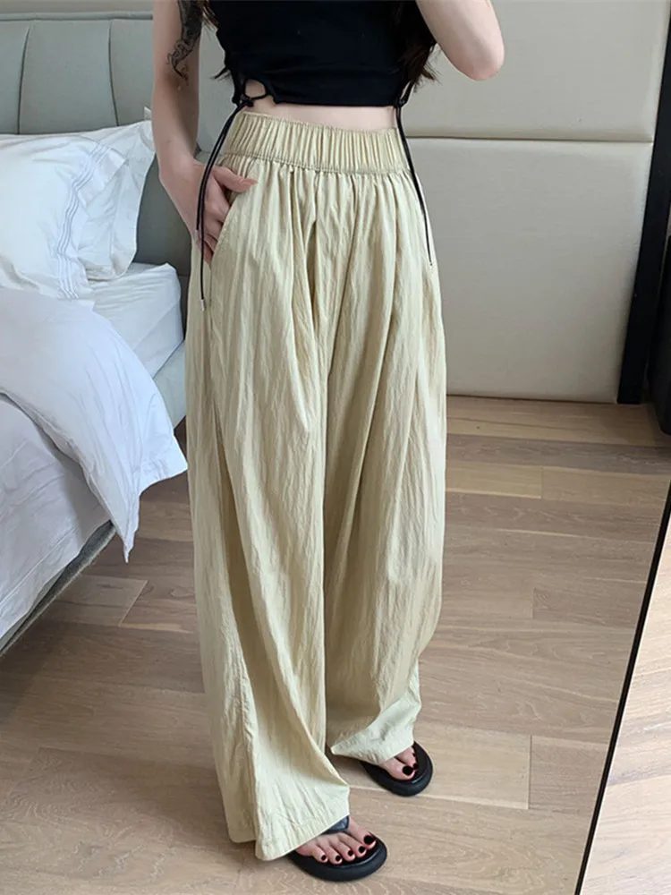 

2023 High Waisted Pleated Pants for Women Fashion Vintage Elastic Waist Wide Leg Pants Female Loose Sweatpants Straight Trousers