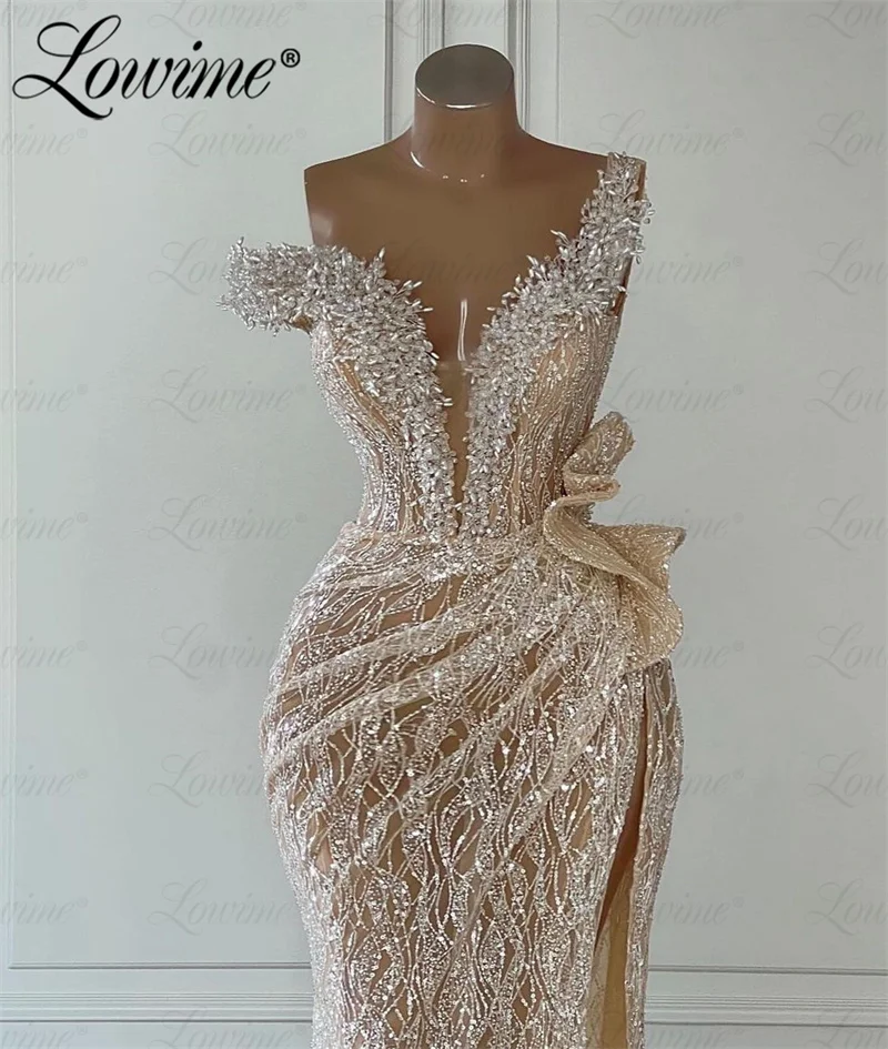 Champagne Arabic Long Formal Occasion Dress V Neck Beaded Crystals Split Side Mermaid Prom Party Dress For Weddings Abendkleider