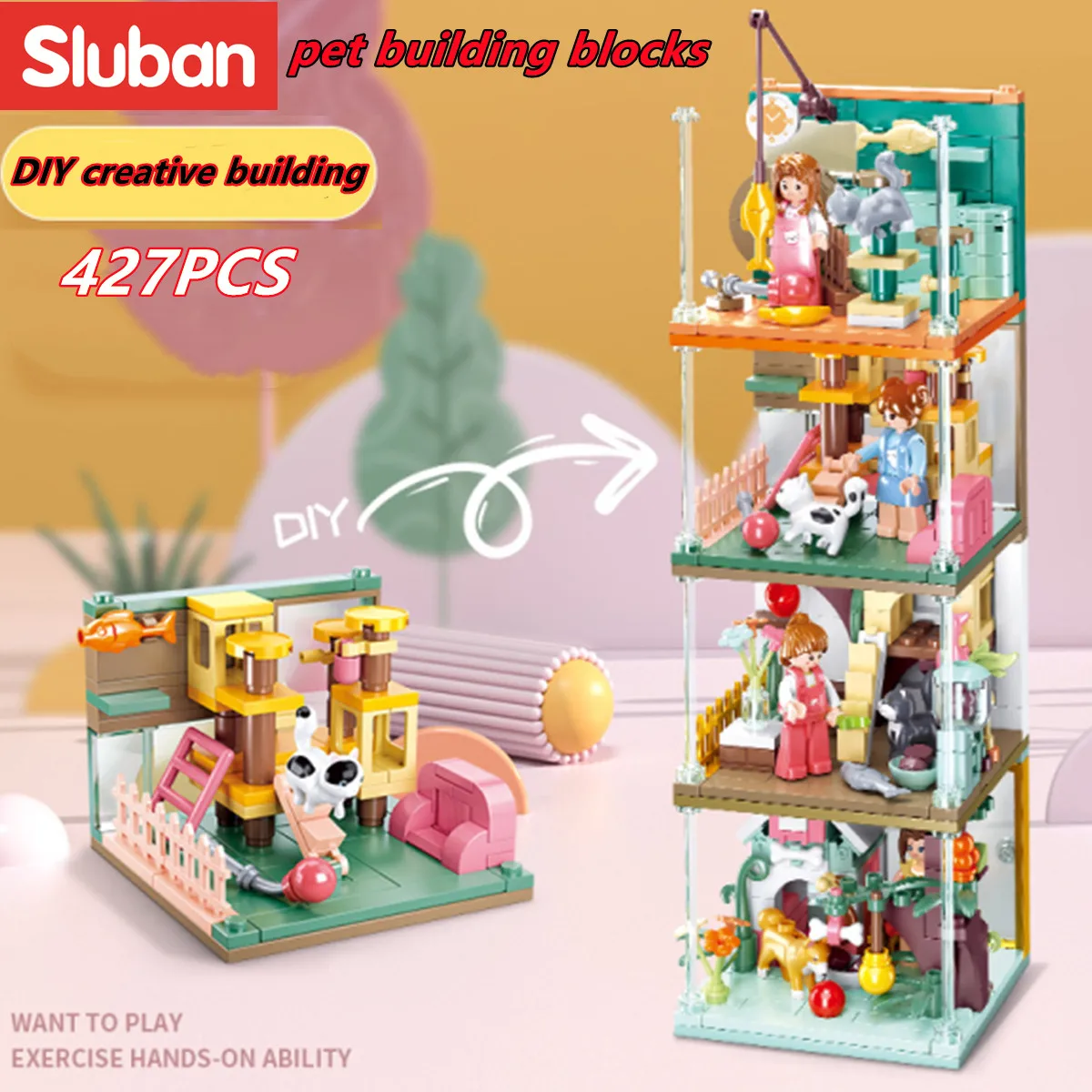 Sluban Building Block Toys Mini Handcrafts 4 IN 1 B0919 Pets House Set Garfield Family Cat Compatbile With Leading Brands