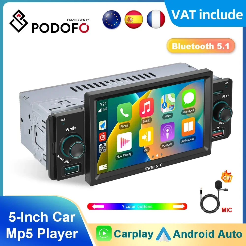 Podofo 1Din Car MP5 Player 5'' Carplay Android auto Car Stereo Radio Bluetooth FM Radio Receiver TF/USB Car Multimidia Player