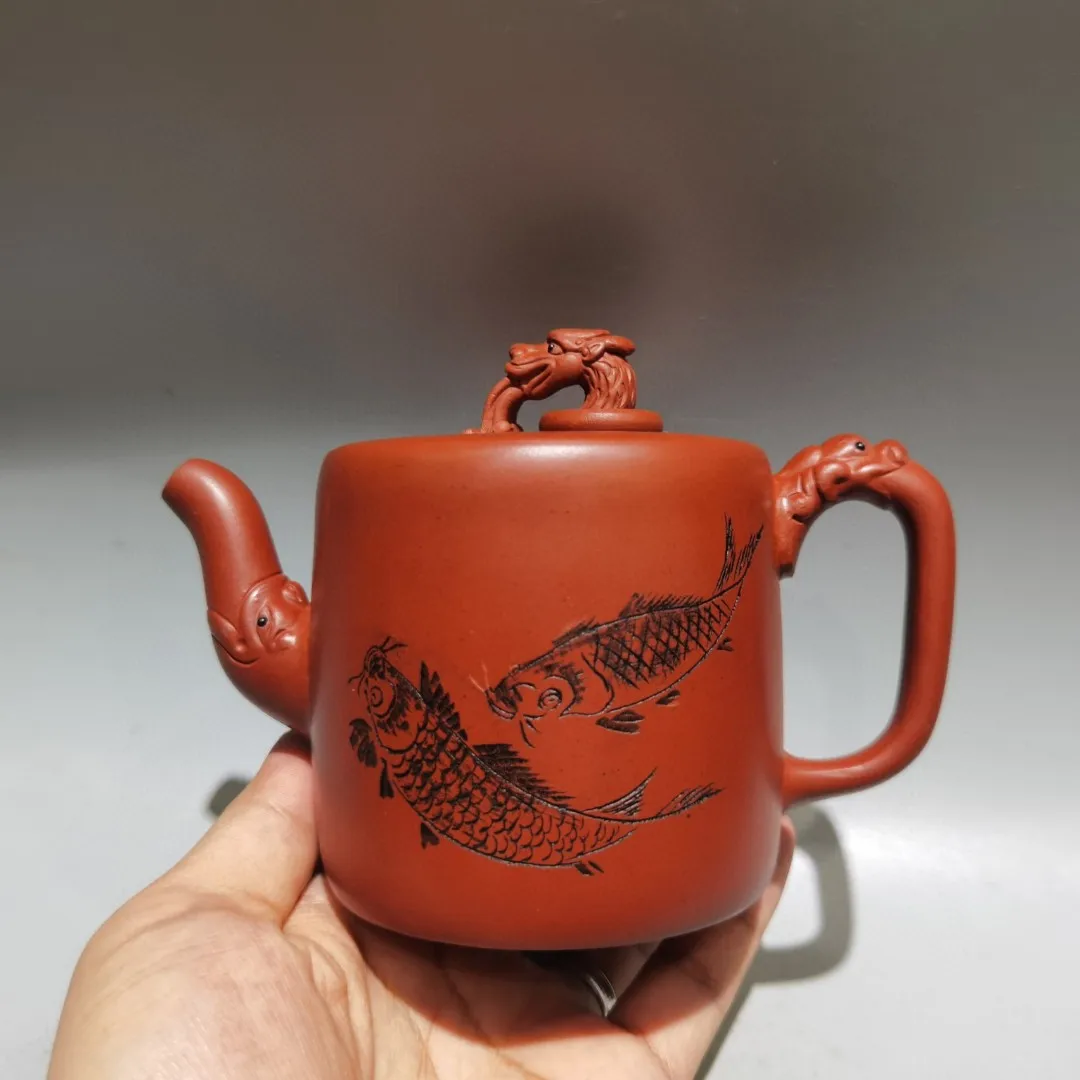 Yixing Purple Clay Pot a house full of gold and jade Dragon Head Handle Pot Goldfish pattern  Teapot Kettle Amass wealth