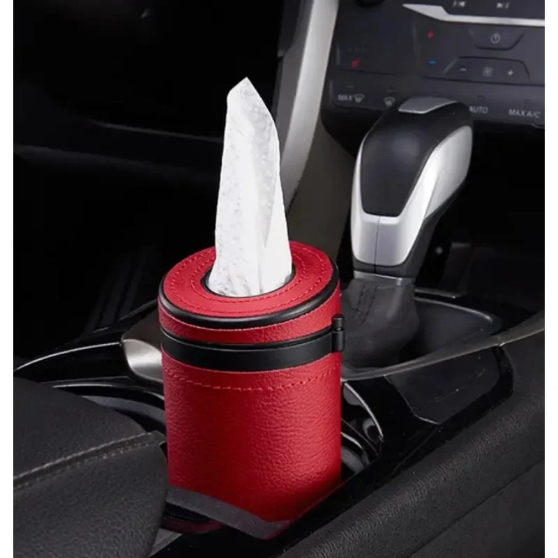 1pc Portable leather creative cylindrical tissue box, safe window breaking multifunctional tissue cup, car interior accessories