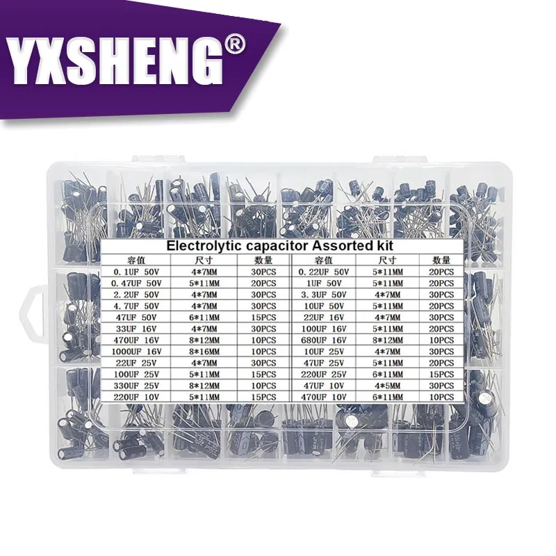500PCS/Set 24Values 0.1UF-1000UF Aluminum Electrolytic Capacitors 10-50V Mix Electrolytic Capacitor Assorted Kit Boxs Sets