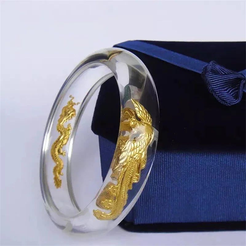 Hot Selling / Hand-carved Crystal Inlaid Gold Dragon and Phoenix Bangle60-62mm Fashion Jewelry Bracelet MenWomen LuckGifts