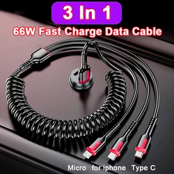 3 in 1 66W 6A Fast Charging USB Type C Cable Micro USB Cable for iPhone Charging Cable for Samsung Xiaomi Charger Cable