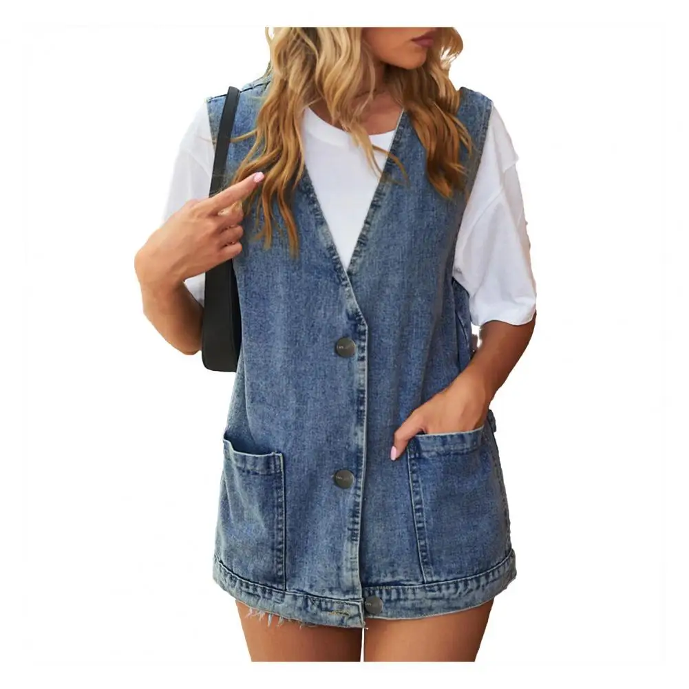 Vintage Grote V-Hals Denim Vest Vrouwen Lente Zomer Gewassen Casual Zakken Mouwloze Jeans Jassen Dames Losse Outwear