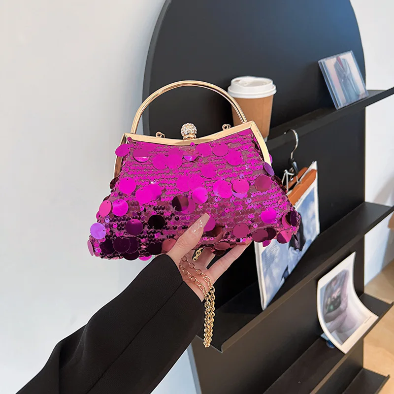 Trendy Purple Round Sequin Clutches Metal Handle Handbag Wedding Party Evening Bag Purse Chain Shoulder Messenger Bag For Women