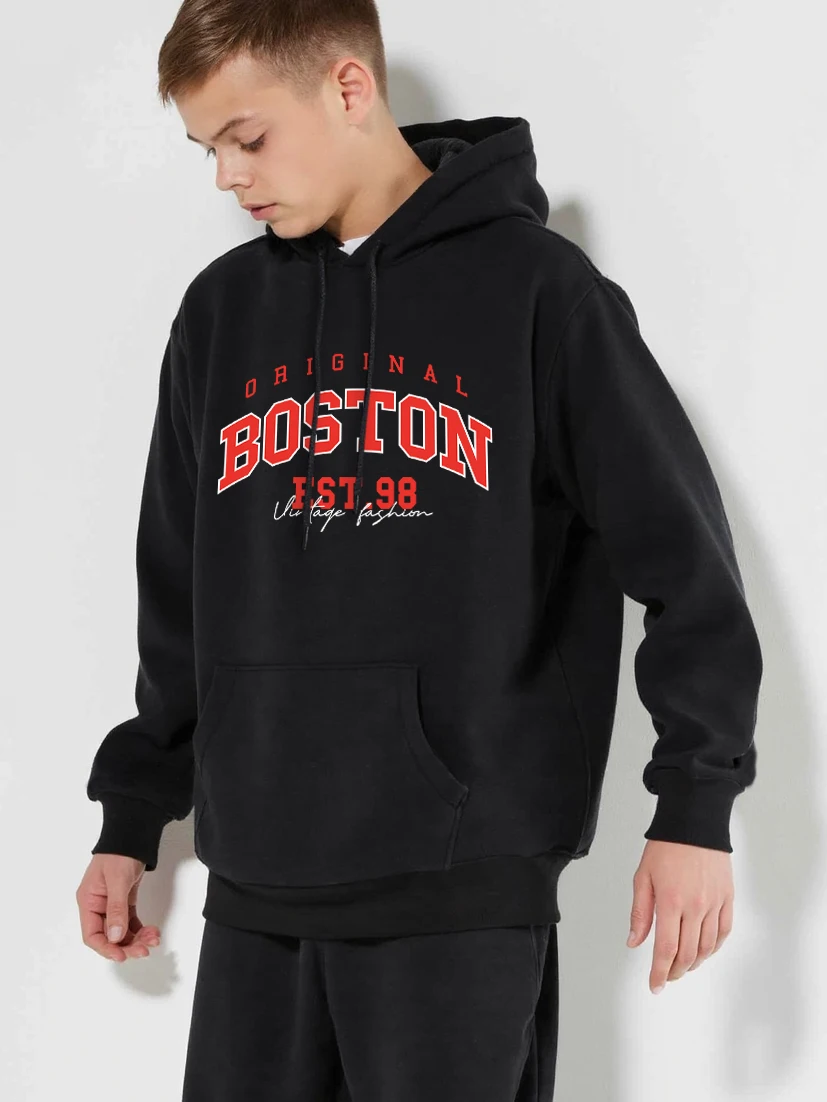 Amérique Original Boston ville lettre imprimer hommes à capuche doublure de fourrure pull noir ample polaire sweats à capuche homme à capuche vêtements de sport