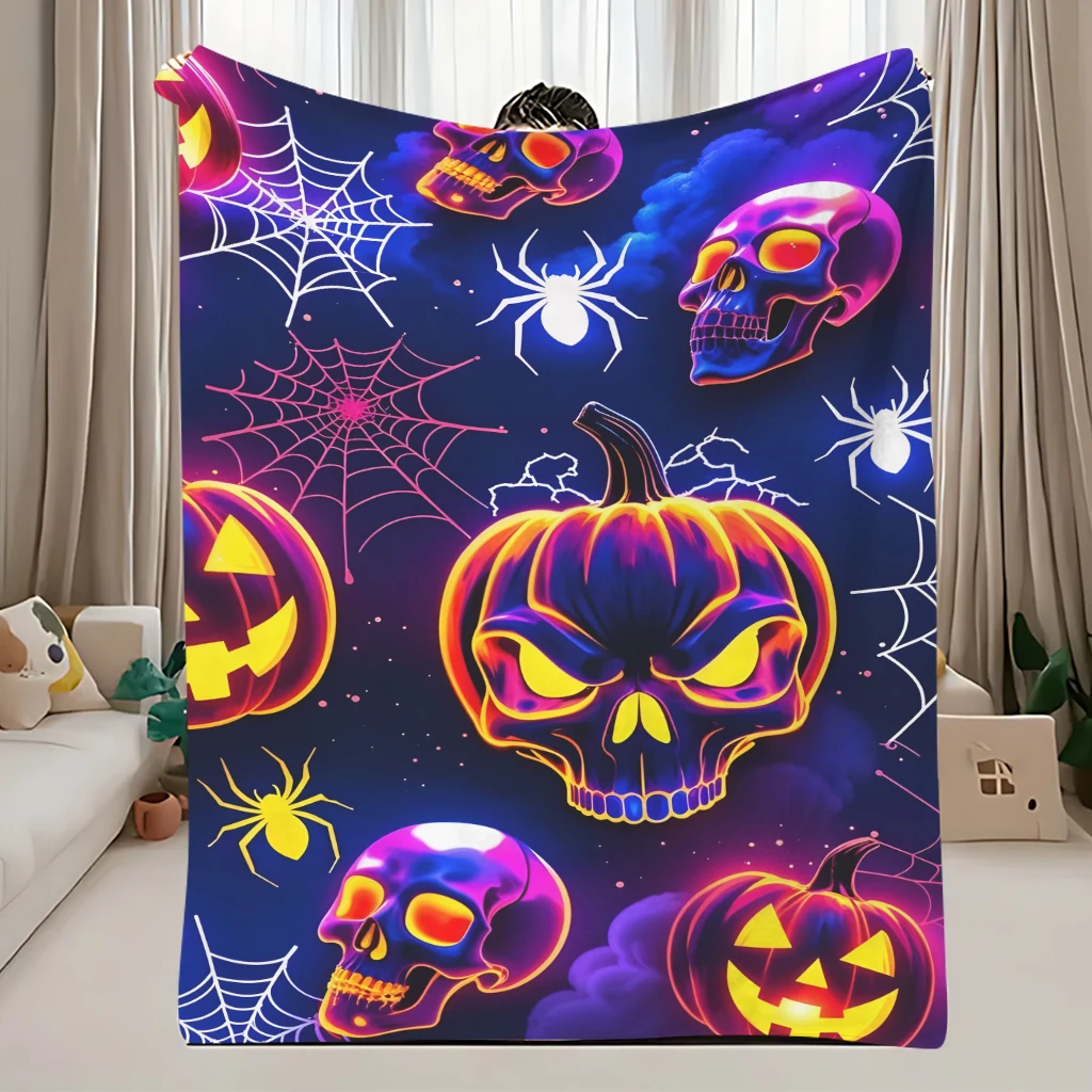 Horror Halloween Home Blanket, Purple‑Blue Skull Pumpkin Spider Web Printed Non‑Luminous Throws, Soft Flannel Blanket for Couch