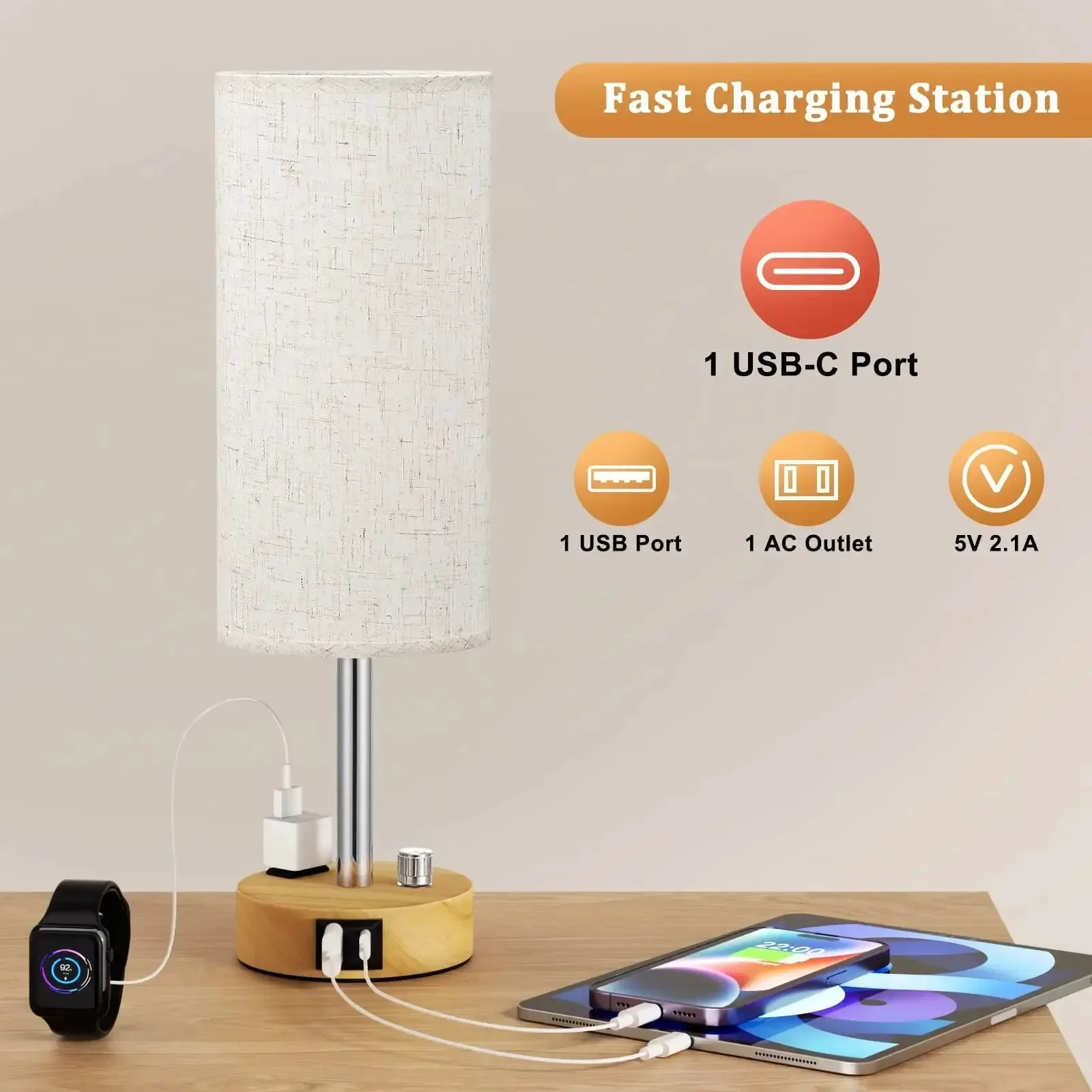 Dimmable Bedside Lamp with USB Port Outlet Led Table Lamp for Bedroom Eye Protection Rechargeable Lamp Reading Lighting Fixture