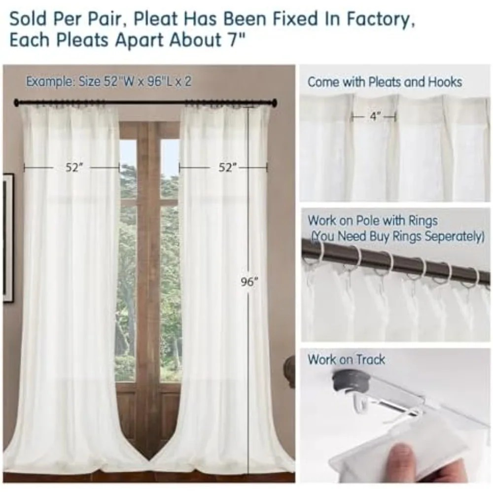 ستائر شفافة من الكتان باللون البيج بطول 102 بوصة، ستائر ذات ثنيات قلم رصاص خفيفة، 42 عرض × 102 لتر، لوحتين #5