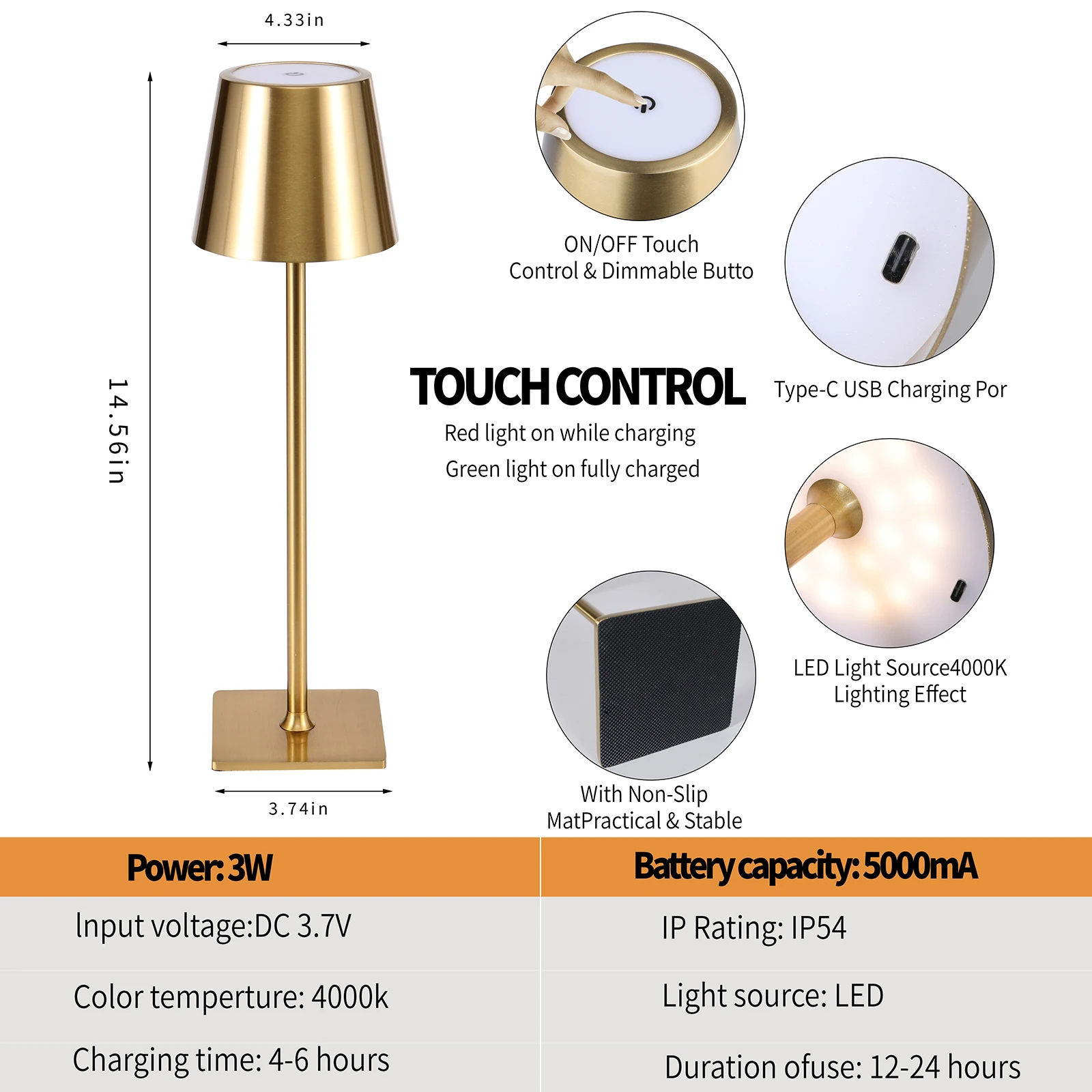 Led Portable Table Lamp 5000mAh Cordless Table Lamps Rechargeable, Gold Battery Lamp for Outdoor, Home, Study, Restaurants, Bedr