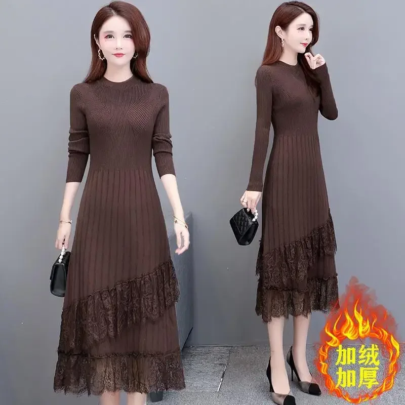 

Korean Fashion Thick Dress for Women, Mid-long Style, Knitted Base and Lace-up Sweater, New, Autumn and Winter