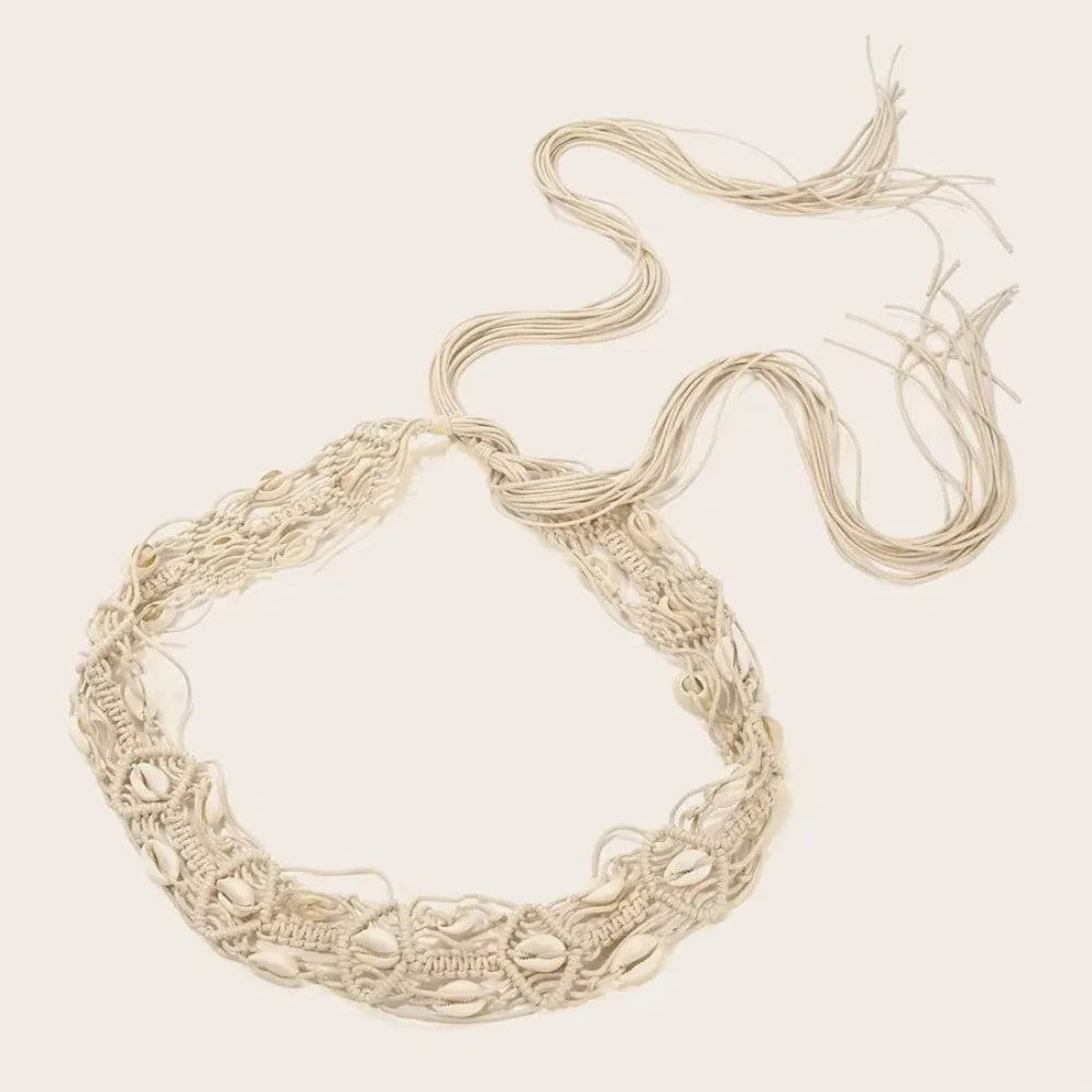 Fashionable Small Shell Rope Waist Belt Hollow Tassel Tie Strap Cotton Waistband Waist Chain Women