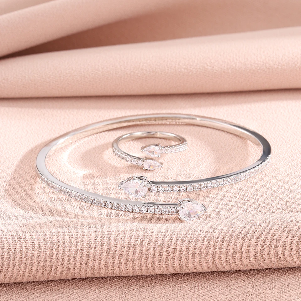 ZAKOL Silber-Gold-Farbenes Kupfer-Zirkonia-Offenes Armband-Ring-Hochzeitsschmuck-Set für Damen, Wassertropfen-CZ-Armreif-Set, Party-Geschenk – Detail 7