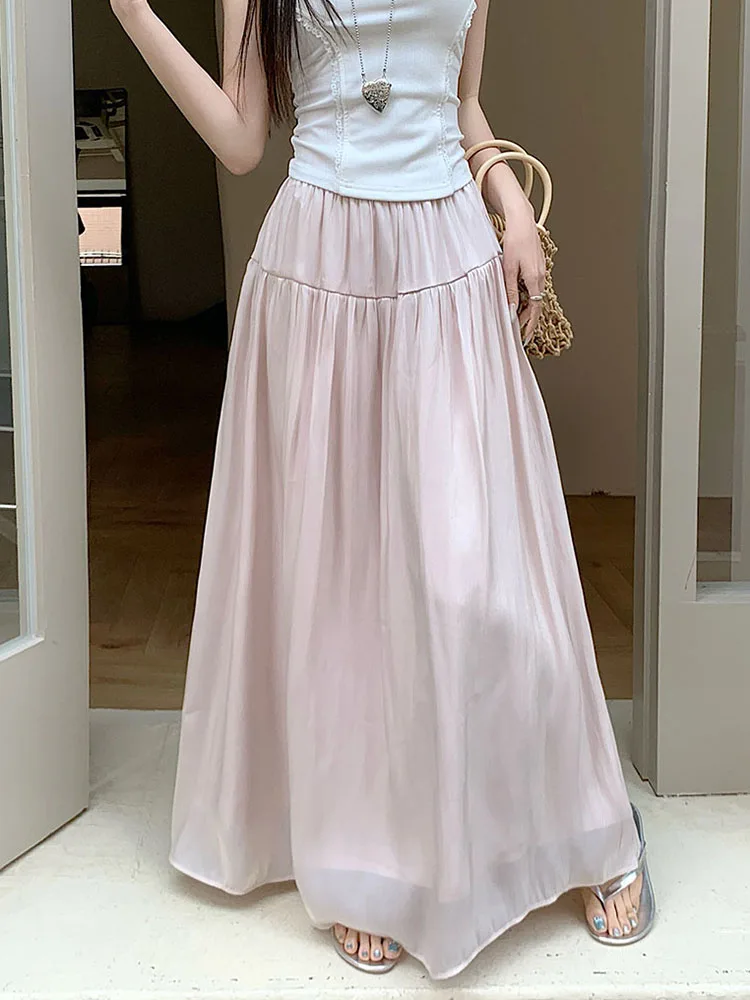 Fashion Elegant Long Skirt Women Spring Summer Chic Office Lady A Line Skirts Female High Waist Korean Folds Loose Casual Skirt - view 3