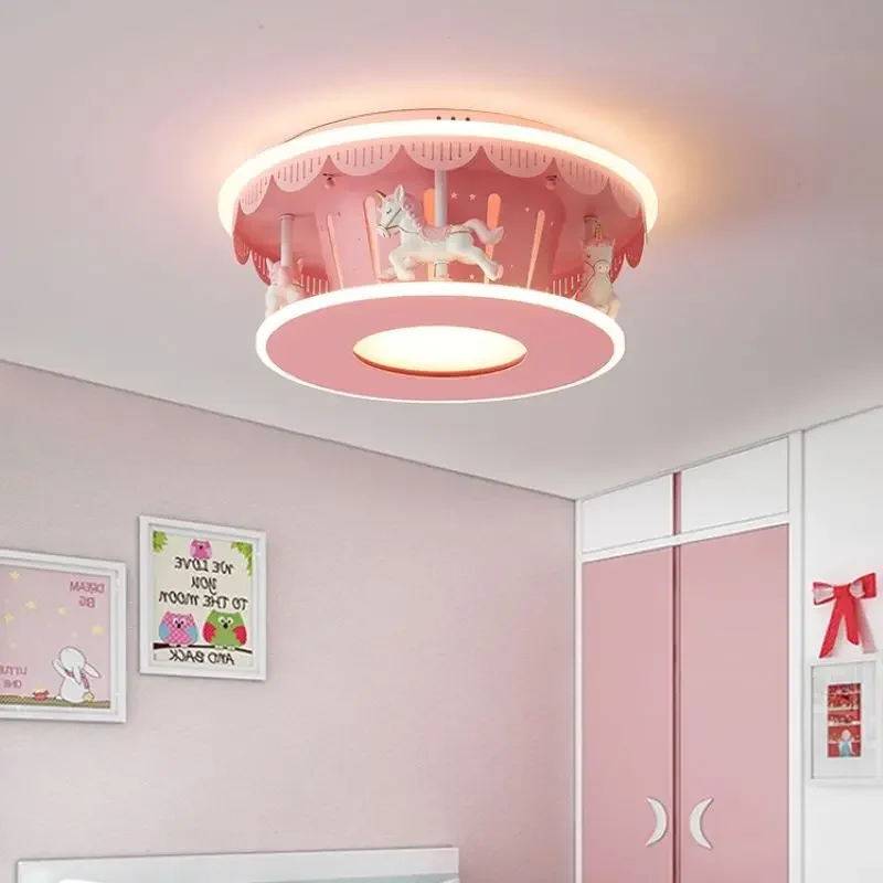 

SANDYHA Girls Creative Carousel Led Ceiling Lamp Pink Princess Room Light Invisible Fan Cartoon Hanging Fixtures for Children
