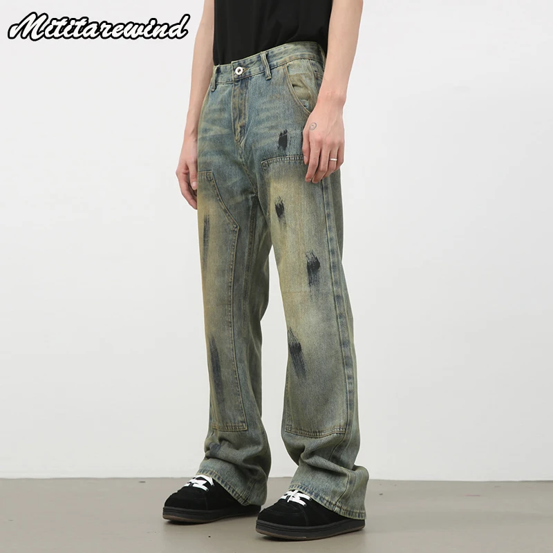 High Street Splash-ink Design Denim Pants Men Mid-waist Vibe Style Denim Trousers Bootcut Pants Retro Distressed Jeans For Men