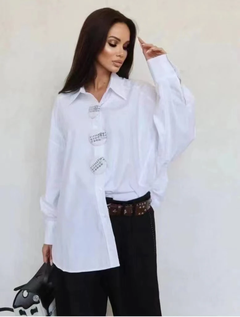 New In 2024 Autumn White Numbers Buttons Mid-length Oversized Cotton Shirts Blouses For Women Loose Casual Long Sleeve Top Blusa