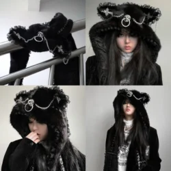 Original Design Japanese Gothic Cat ear hat punk metal Winter Warm Cute Grunge Plush Hat With Gloves Scarf Cap Headwear Black