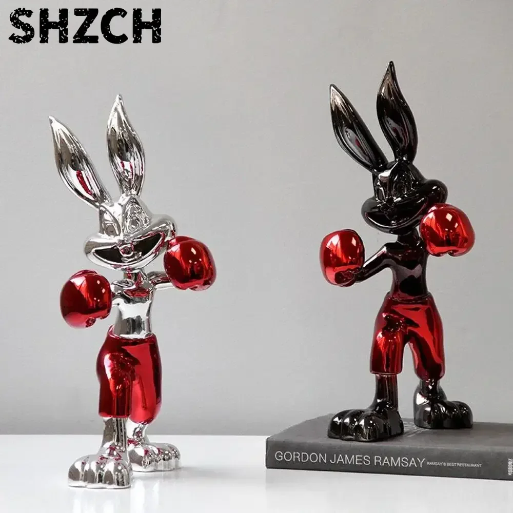 Pop Art Chrome Rabbit Sculpture Boxer Bunny Figurine Modern Animal Statue for Home Living Room Office Shelf Decoration Gift