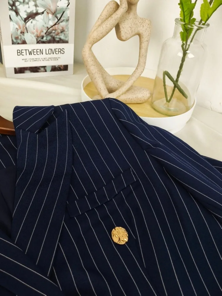 سترة UOOZEE النسائية المخططة باللون الأزرق الداكن مزدوجة الصدر وأكمام طويلة وفضفاضة وأزرار أنيقة بدلة مكتب الأعمال #4