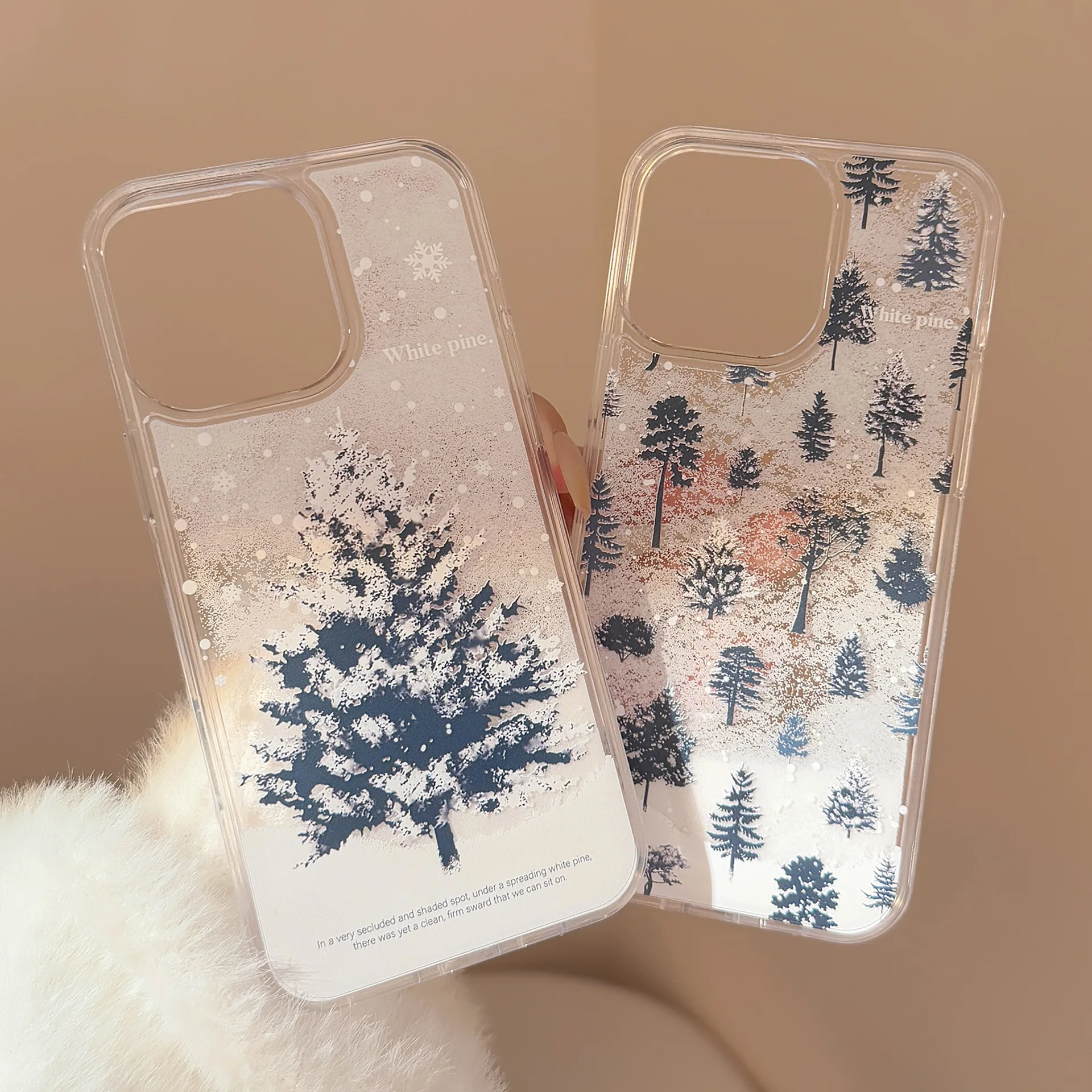 Capa de telefone de árvore de natal de floco de neve de inverno para 16 15pro max 14 13pro capa de telefone semi-transparente com flocos de neve fluindo