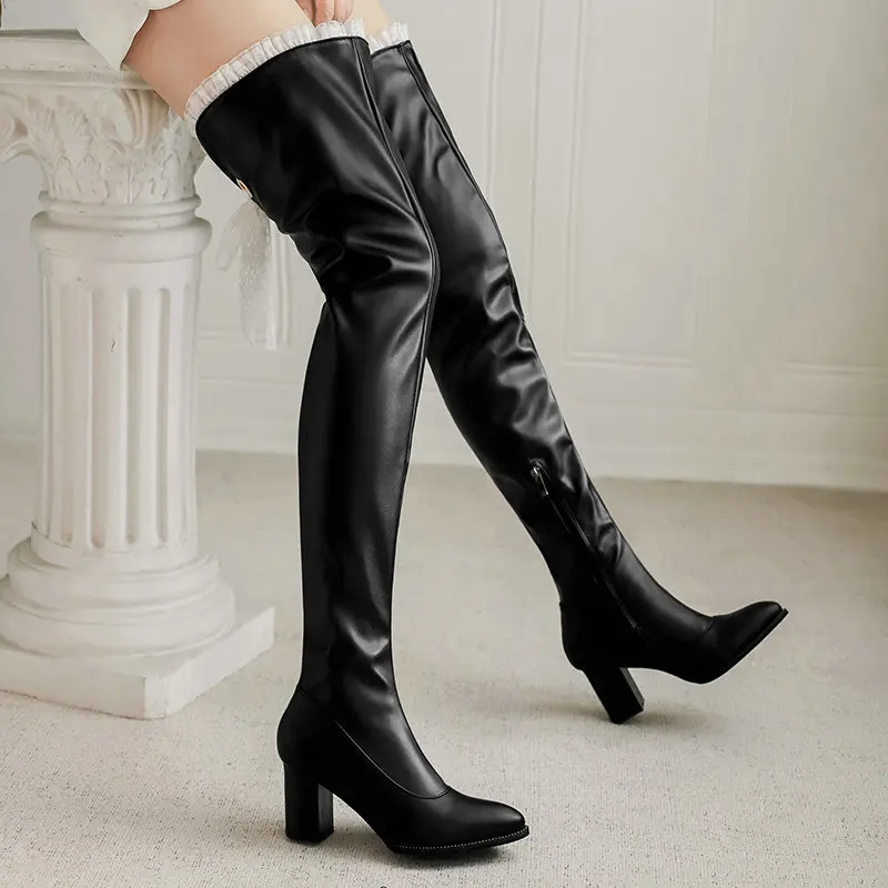 Long Boots Women New Long Tube Boots Women Over The Knee Chunky High Heel Pointed Toe Soft Leather Super Long Thigh High Heel