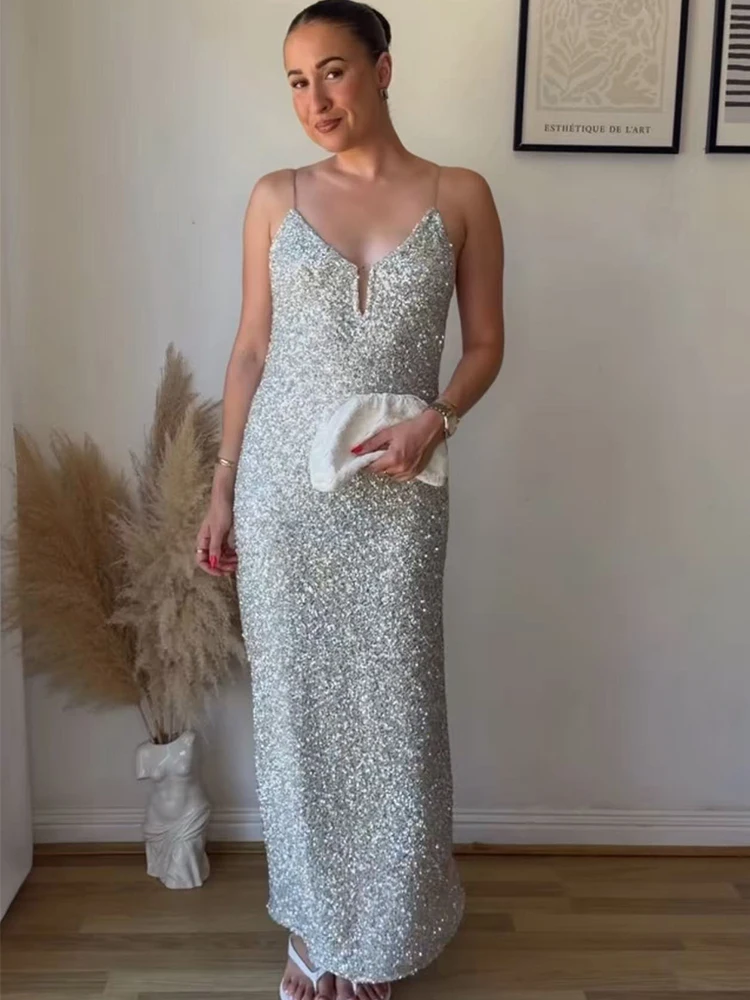 Damen Mode Pailletten Maxikleid Sommer Elegantes V-Ausschnitt Ärmelloses Trägerkleid 2026 Neues Luxuriöses Glänzendes Party-Abendkleid