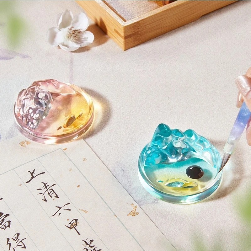 Traditional Chinese Calligraphy Ink Dish Brush Holder Multifunctional Glass Inkstone for Brush Pen Retro Desk Organizer Writing