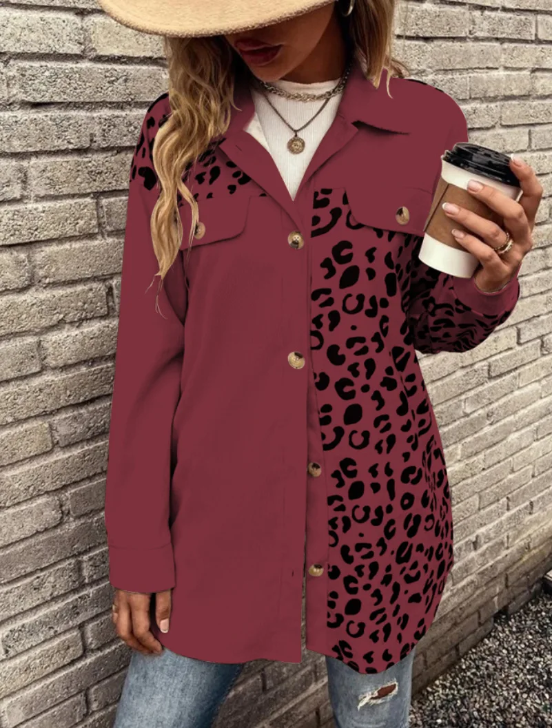 Leopard Patchwork Corduroy Shacket Oversized Long Sleeve Button Front Lapel Collar Shirt Jacket with Decorative Fake Flap