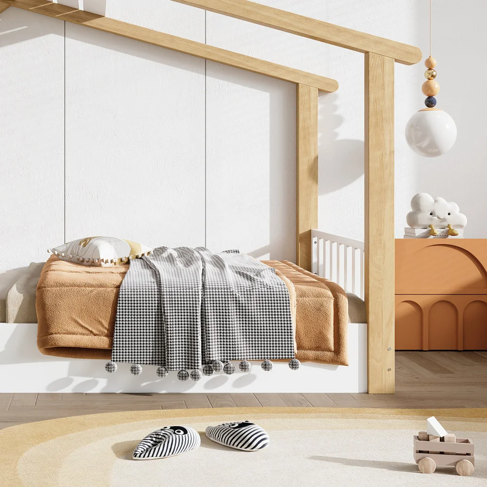 PINGGO Weißes Holz-Einzelbett 90x190cm Natürliche Holzoptik Hausdesign Lattenrost Kiefer-Spanplatte MDF Ohne Matratze – Detail 17