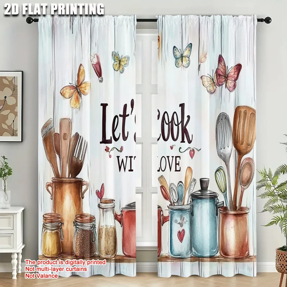 2pcs, Print Curtains 2D plane printing Color kitchen printing Versatile Durable Polyester (without rod) Gifts Use for Bedroom