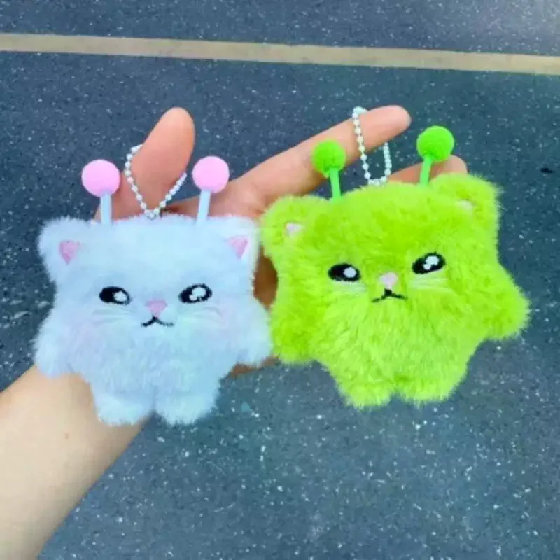 Fluffy Alien Cat Doll Plush Keychain Adorable Antenna Soft Furry Backpack Pendant Ornament Gift For Kids Girls