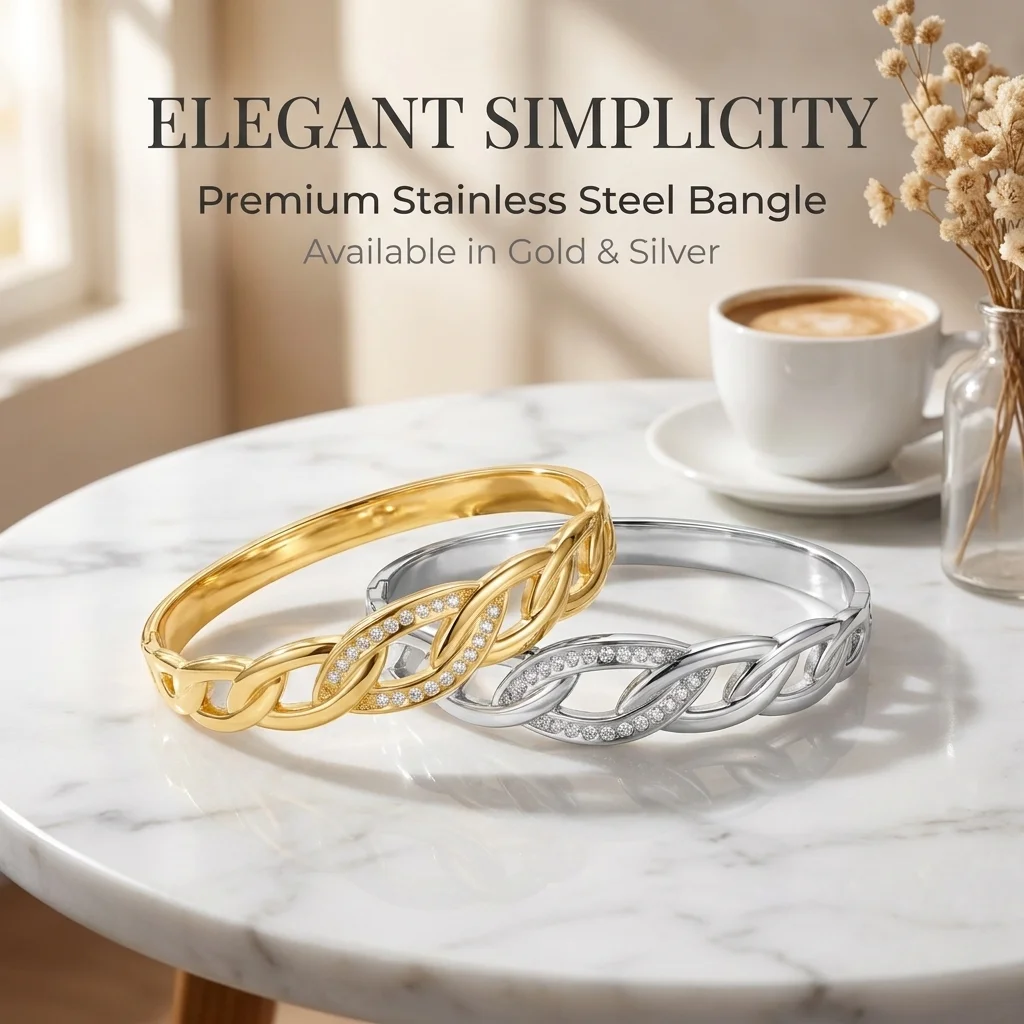 Minimalist twisted chain crystal bracelet, two tone stainless steel sparkling zircon cufflinks, elegant office women's bracelet