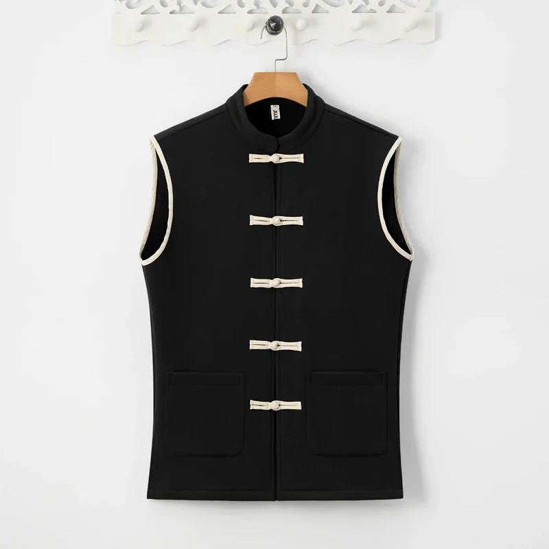 

Pop Chinese Traditional Hanfu Fleece Vest Men Linen Cotton Sleeveless Padded Jacket Mens Tang Suit Cardigan Male Warm Waistcoat