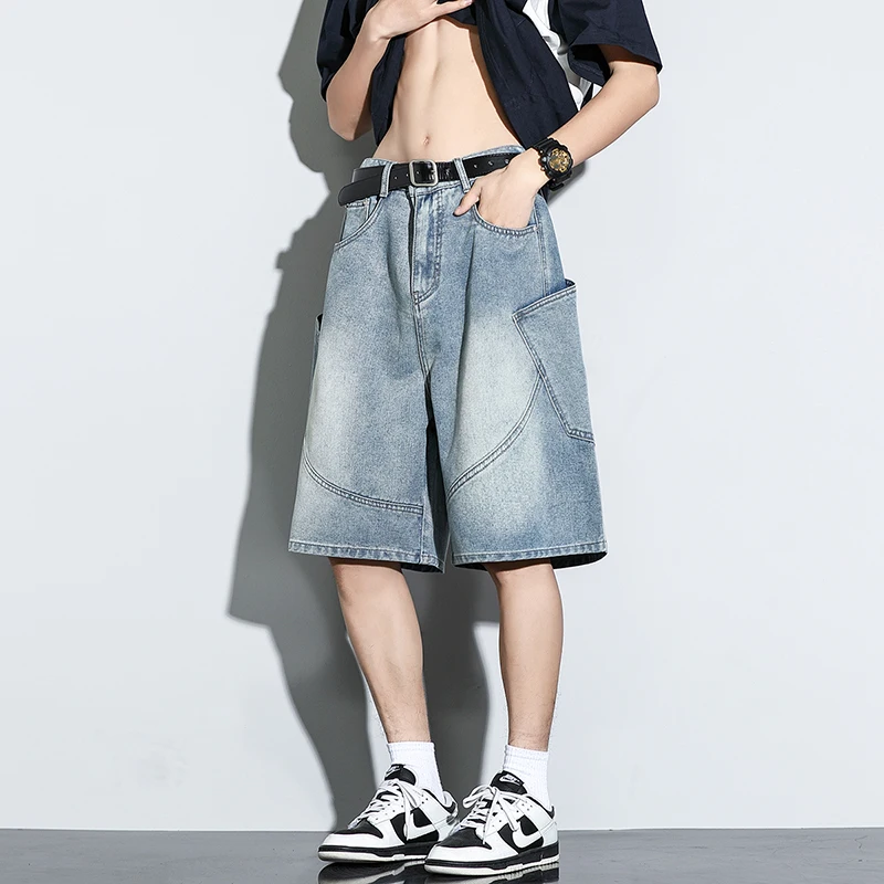 Celana Pendek Denim Longgar Baru Musim Panas Jeans Harajuku Lurus Kasual Fashion Celana Pendek Serut Cuci Antik Pria Pakaian Jalanan
