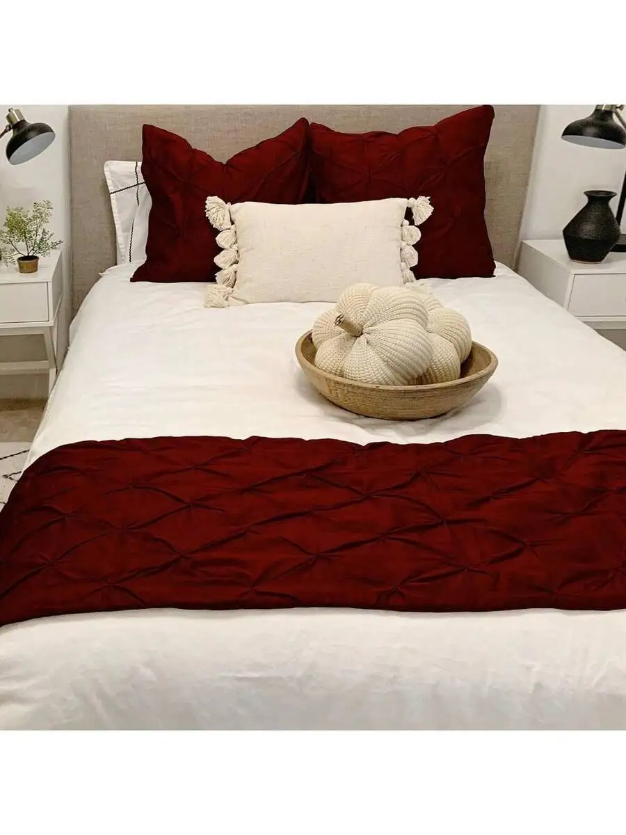 

Burgundy Pinch Pleated Cotton Bed Runner Queen Size 88x20 Inches