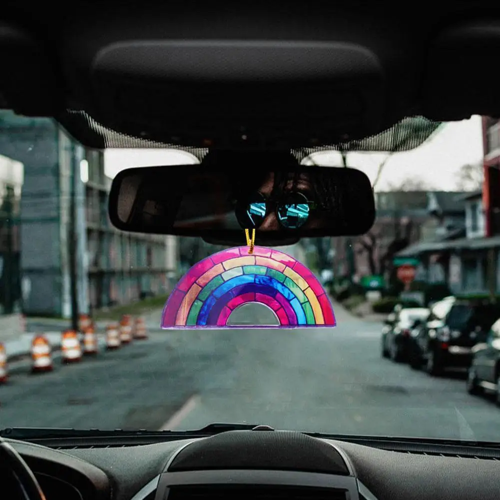 Rainbow Color Acrylic Sheet Sunscreen Car Pendant Rearview Accessory Decoration Interior Cars Mirror Hanging Ornament Autom X3J4