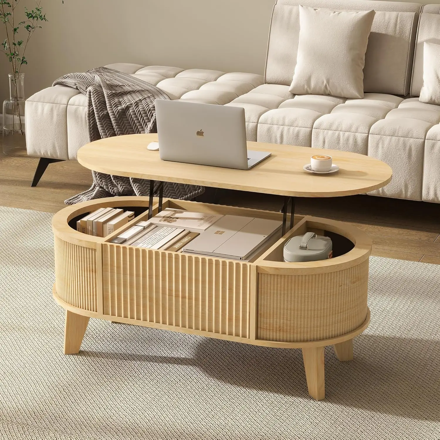 

Fluted Lift Top Coffee Table with Storage,Modern Oval Coffee Table for Living Room Or Home Office（Natural）, Customized