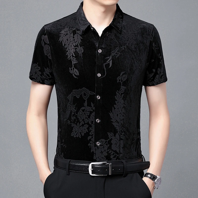 

Botanical Bud Pattern Carving Smart Casual Short Sleeve Shirt Men SummerNew Top Quality Velour Soft Comfortable Camisa Masculina