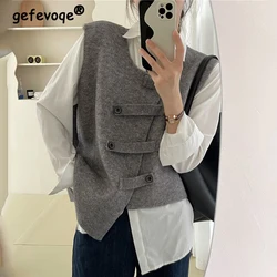 Preppy Style Sweater Vest Women V Neck Solid Autumn Fashionable Chic Button Design Female Leisure Knitwear Soft Sweetwear Korean