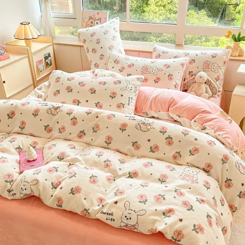 1.5M Bed Winter Milk Velvet Four Piece Set Warm and Soft Comfortable Plush Fur Sheet Quilt Cover Household Dormitory 3-piece Set