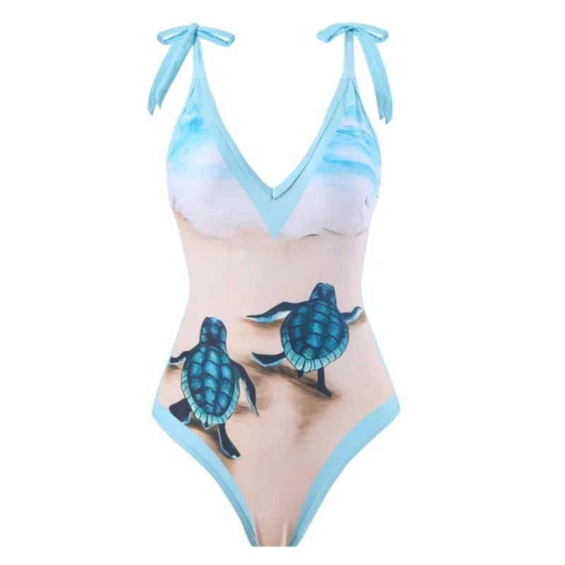 2024 Fashion Beachwear Lace Up One Piece Swimwear Turtles Printed Swimsuit Women Swimming Suit Push Up Bathing Suit Cover Up